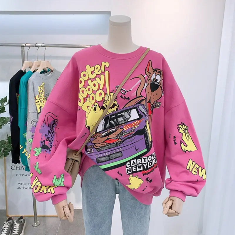 Letter Printing Sweatshirt Women High Street Cartoon Puppy Car Clothes Casual Crew Neck Sweater Bulk Items Wholesale Lots