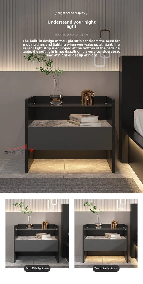 Modern Simple Bedroom Furniture Wooden Glass Bedside Table Storage Side Cabinet