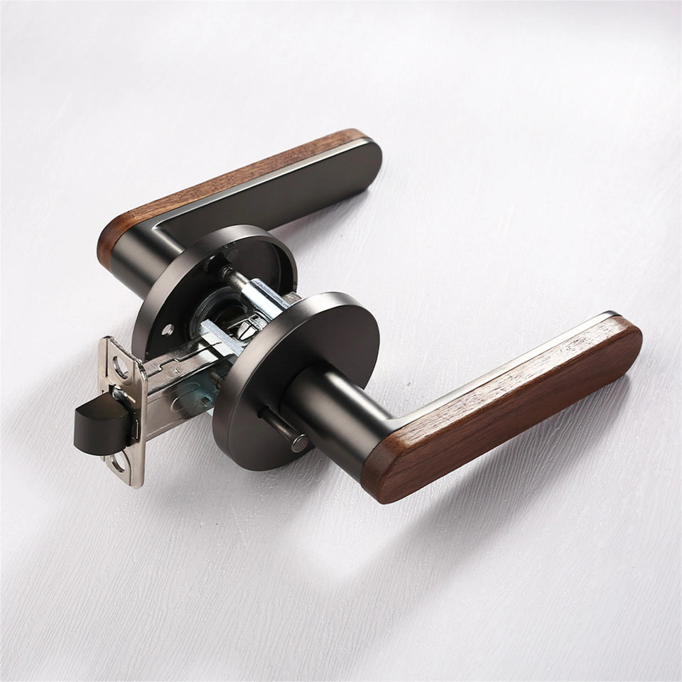 Viladepot Privacy Door Handle Walnut Wood Handle Lever Matt Brushed Black Nickel Bedroom Bathroom Passage Door Lock Keyless