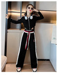 Spring Autumn Girl Striped Cropped Full Zip Sweatshirt+Loose Drawstring Sweatpant Set School Kids Tracksuit Child Outfit 3-16Yrs