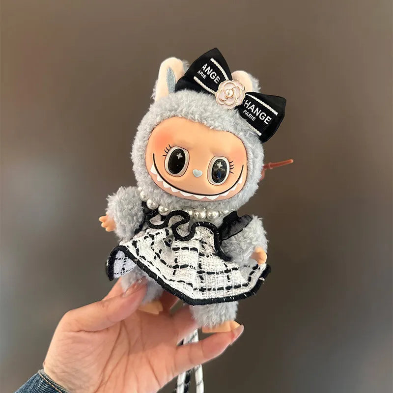 For 17cm Labubu Doll Clothing Accessories Checkered Small Fragrant Style Skirt Dress/Hair Accessories/Necklace Kits 3pcs/set