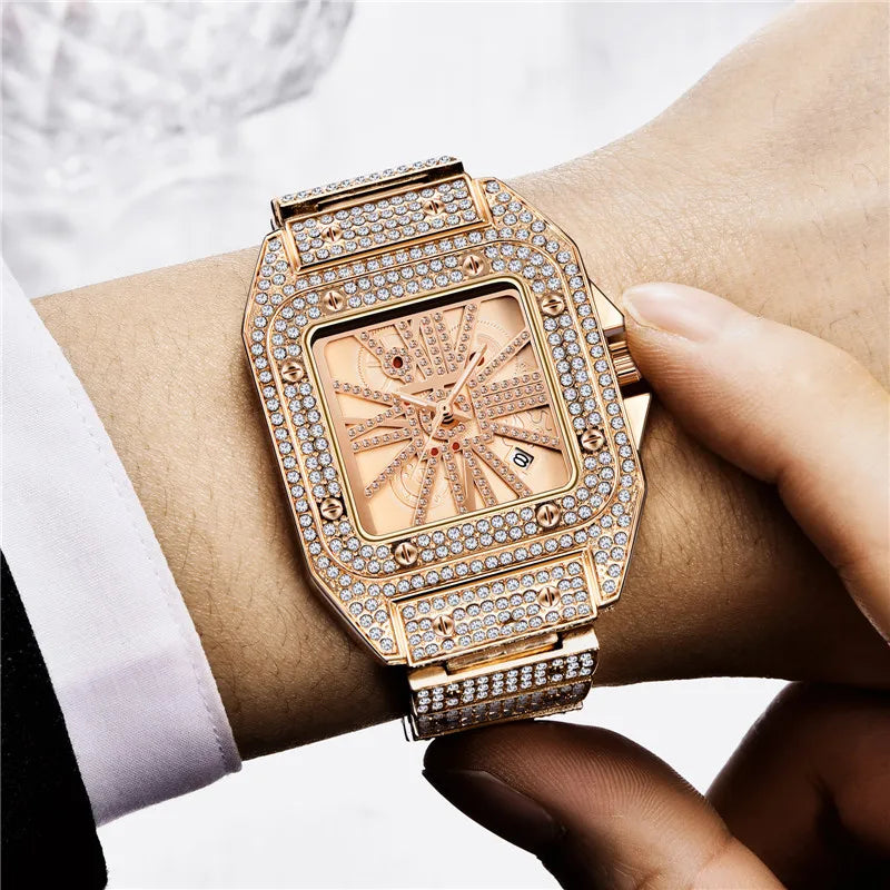 Unique Cool Brand Designer Watches For Men Hip Hop Diamond Fashion Alloy Band Date Golden Quartz Watch Montres de Marque de Luxe
