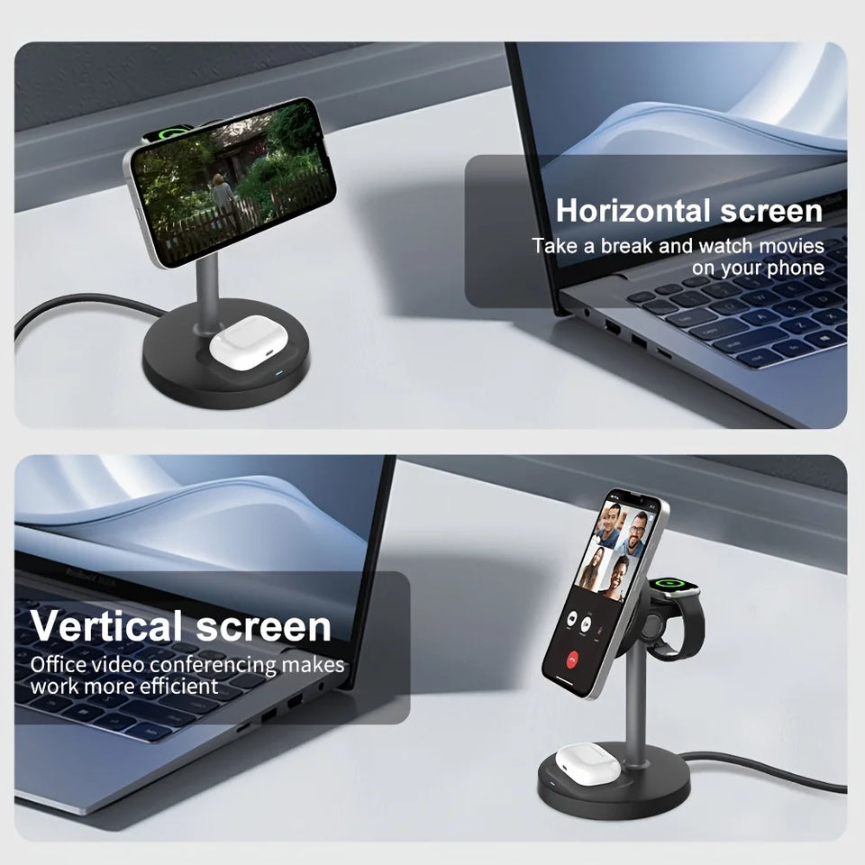 3 In 1 Magnetic Wireless Charger Adjustable Stand For iPhone 16 15 14 13 Pro Max iWatch 10 9 8 AirPods Pro Fast Charging Station