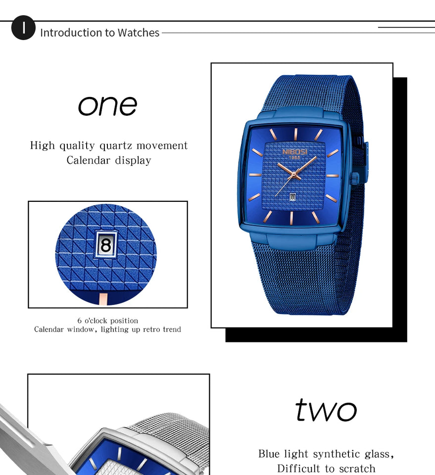 NIBOSI Mens Watches Top Brand Luxury Square Quartz Watch Men Slim Mesh Waterproof Sport Wristwatch Date Luminous Reloj Hombre