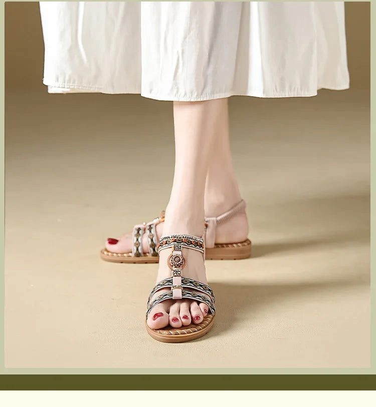 Women's sandals summer bohemian one line elegant slimming anti slip comfortable daily vacation flat beach shoes