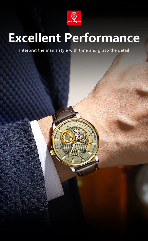 POEDAGAR Fashion Business Men Watch Waterproof Luminous Hollow Tourbillon Male Clock Automatic Mechanical Leather Men's Watches