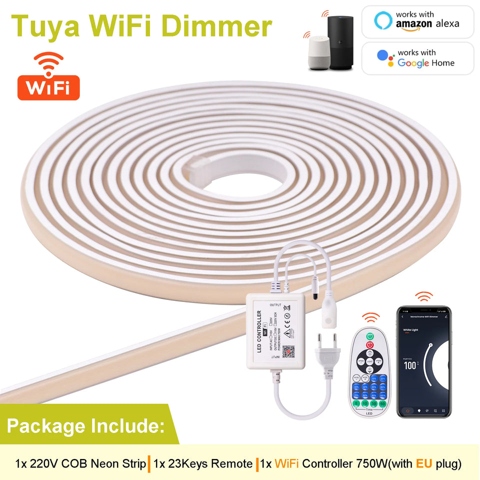 Dimmable COB LED Strip Light 220V Ra90 Waterproof 288LEDs/m Smart LED Neon Strips Flexible Ribbon Remote/Bluetooth/Wifi Control