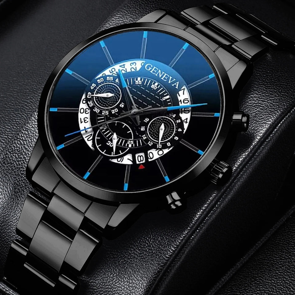 2PCS Men Business Watches Fashion Steel Band Male's Analog Quartz Watch Leather Bracelet Set Reloj Hombre（Without Box