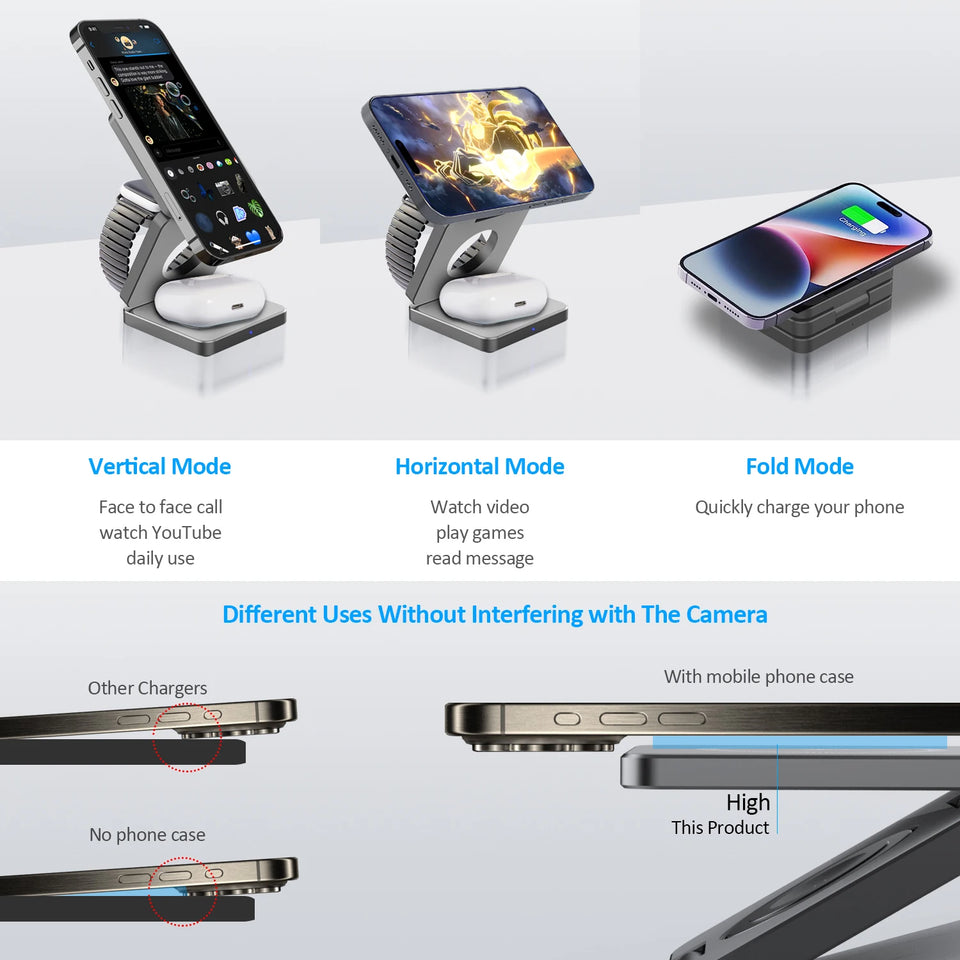 3 In 1 Foldable Magnetic Wireless Charger Stand For iPhone 16 15 14 13 Pro/Max/Plus AirPods 3/2 Station Dock Fast Charger Holder