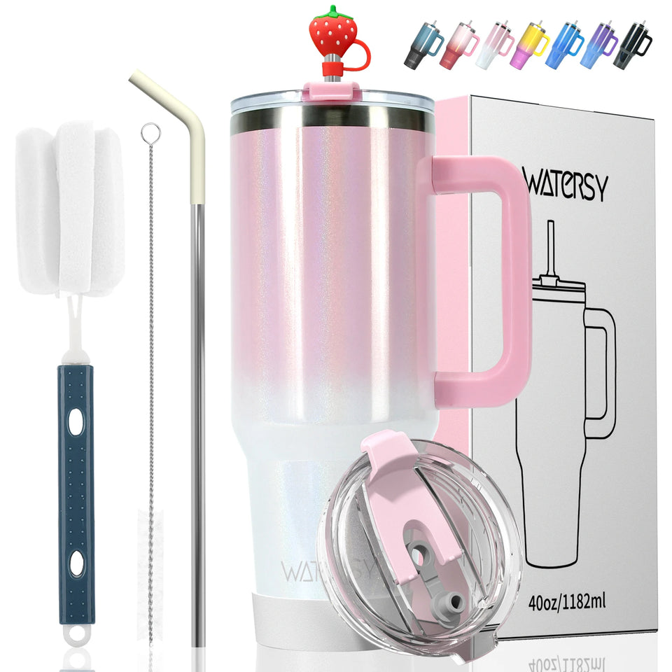 WATERSY 30oz/40oz Stainless Steel Thermal Cup Large Capacity Tumbler with Handle & Straw Insulated Mug Travel for Coffee