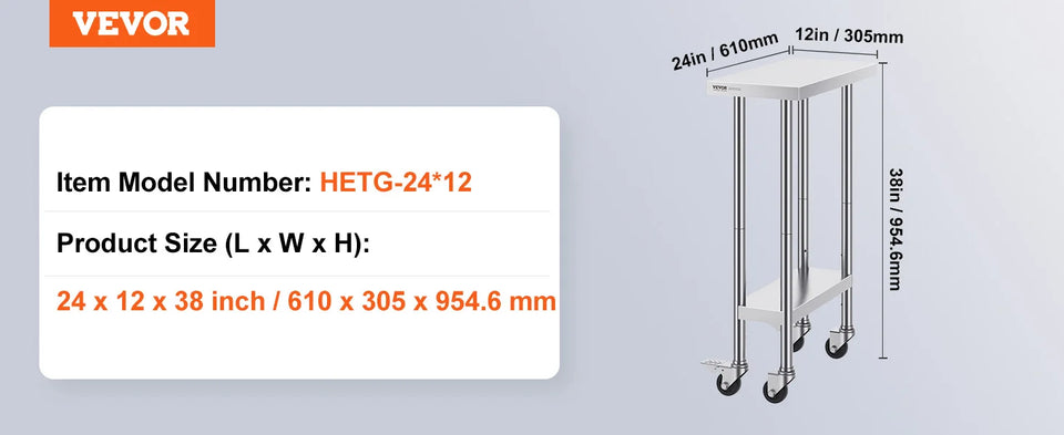 VEVOR Stainless Steel Work Prep Table with 4 Wheels 3 Adjustable Height Levels Heavy Duty Food Prep Worktable for Hotel Home