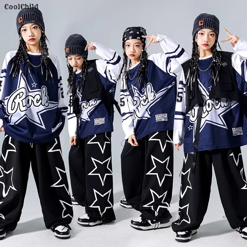 Girls Hip Hop Star Sweatshirt Vest Joggers Pants Boys Cool Streetwear Clothes Set Kids Children Jazz Street Dance K-pop Costumes