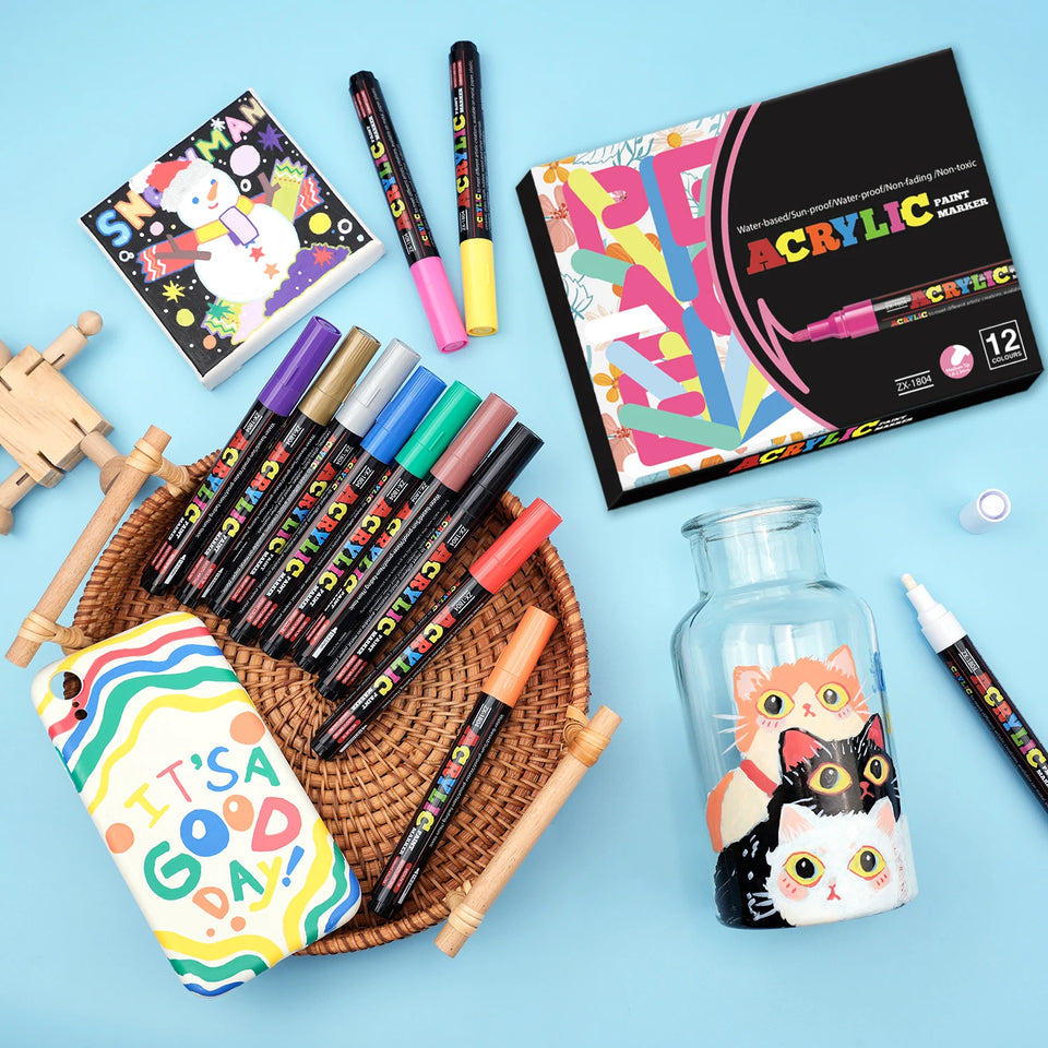 12/18/24 Vibrant Acrylic Marker Set, Medium Tip (2-3mm) Suitable for Rock Painting, Black Paper, and Skateboard Decoration