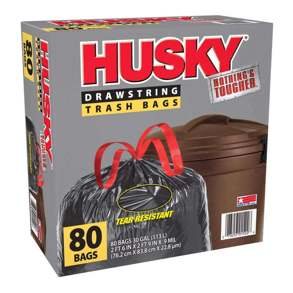 Large Trash Bags 30 Gallon 80 Count Tear-Resistant Drawstring Black Bags Unscented Durable Home Garage Waste Cleanup