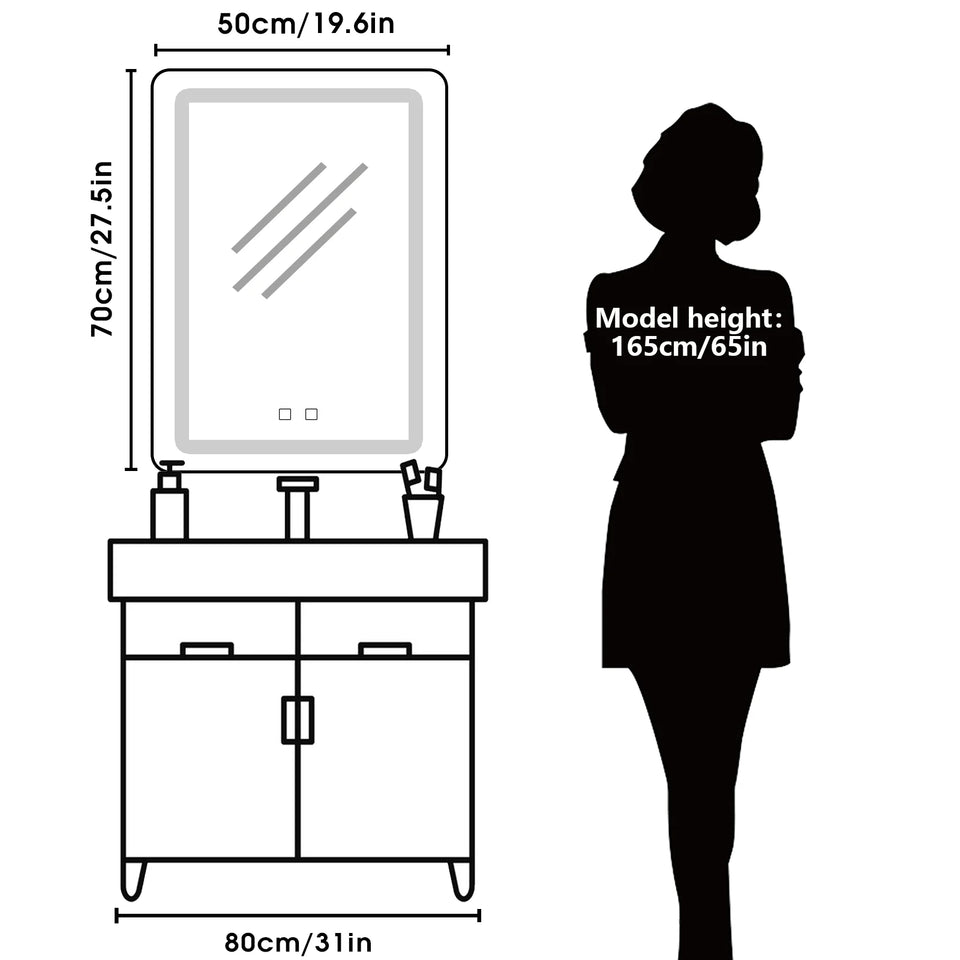 50x70cm LED Bathroom Mirror Vanity Mirrors with Backlit Lights Fogless Makeup Mirror Wall Mounted with Demister