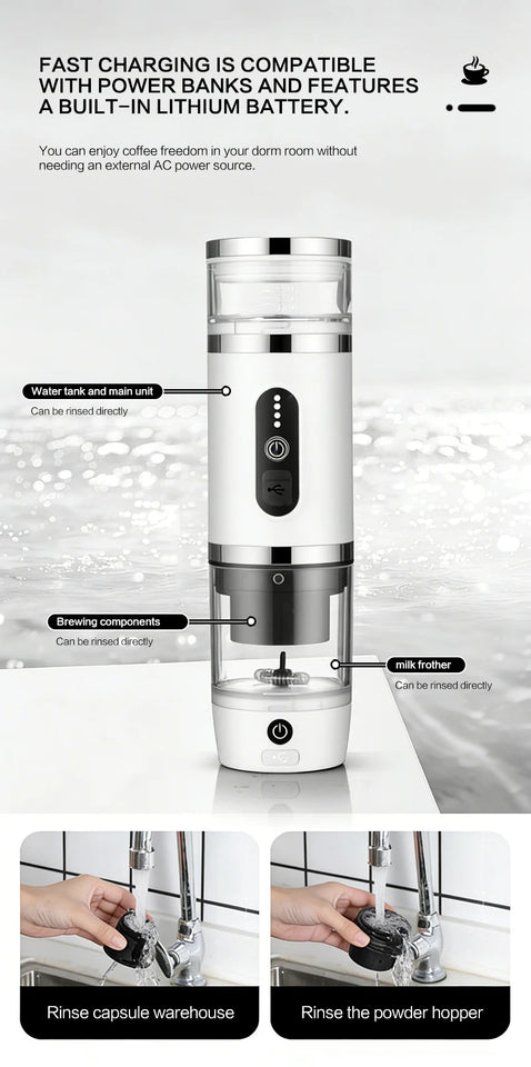 Outdoor camping portable capsule coffee machine, 3-in-1 multi-functional espresso machine with built-in wireless milk frother.