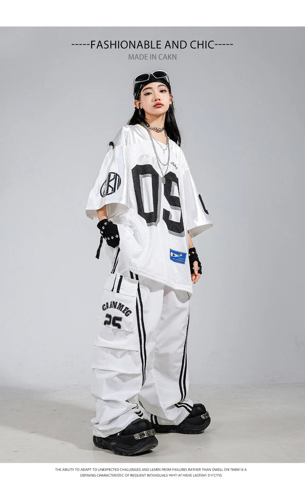 Boys Hip Hop Mesh T-shirt Cargo Pants Girls K-pop Street Dance Sweatshirt Costumes Child Clothes Sets Kids Teens Jazz Streetwear