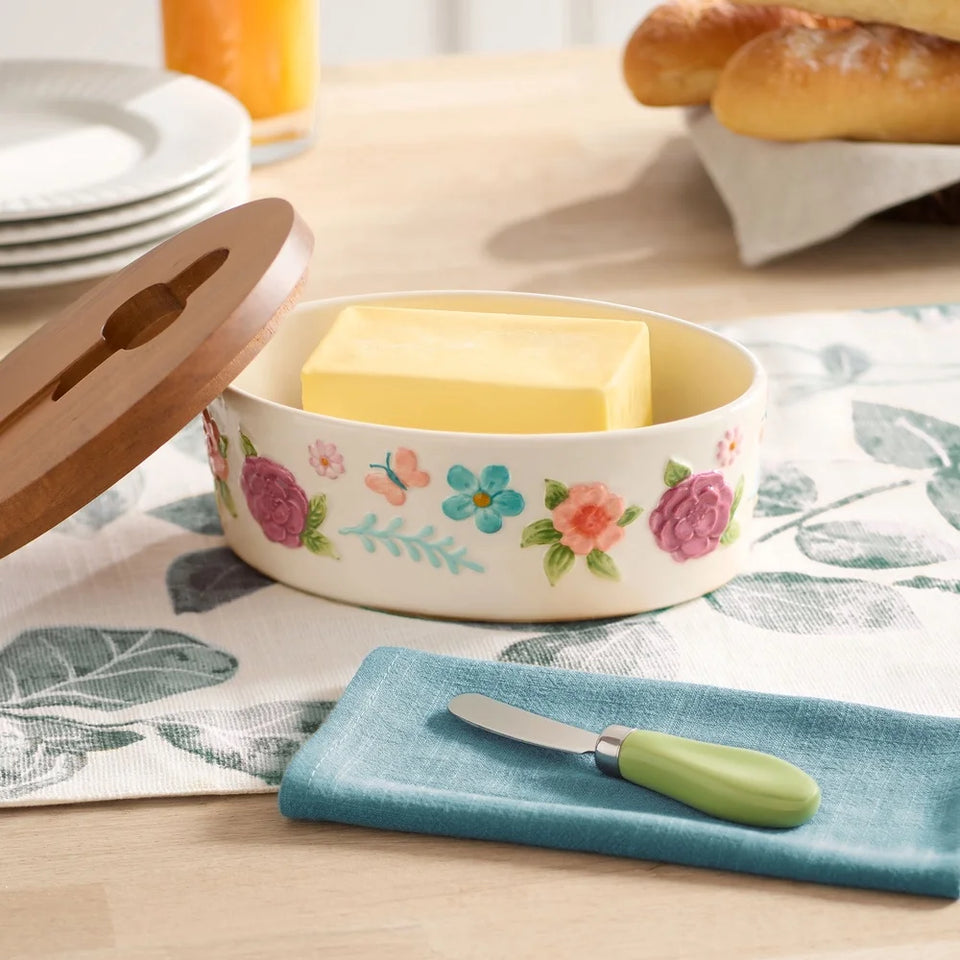 Painted Meadow Butter Dish Set Acacia Wood Lid Metal Serving Knife Floral Embossed Stoneware Butter Storage Handcrafted Kitchen