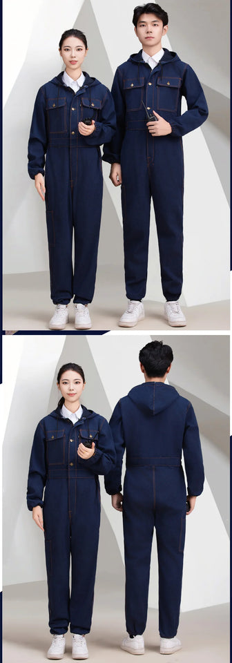 Thickened one-piece denim workwear, wear-resistant labor protection clothing, men's dust-proof auto repair crew clothing, workwe