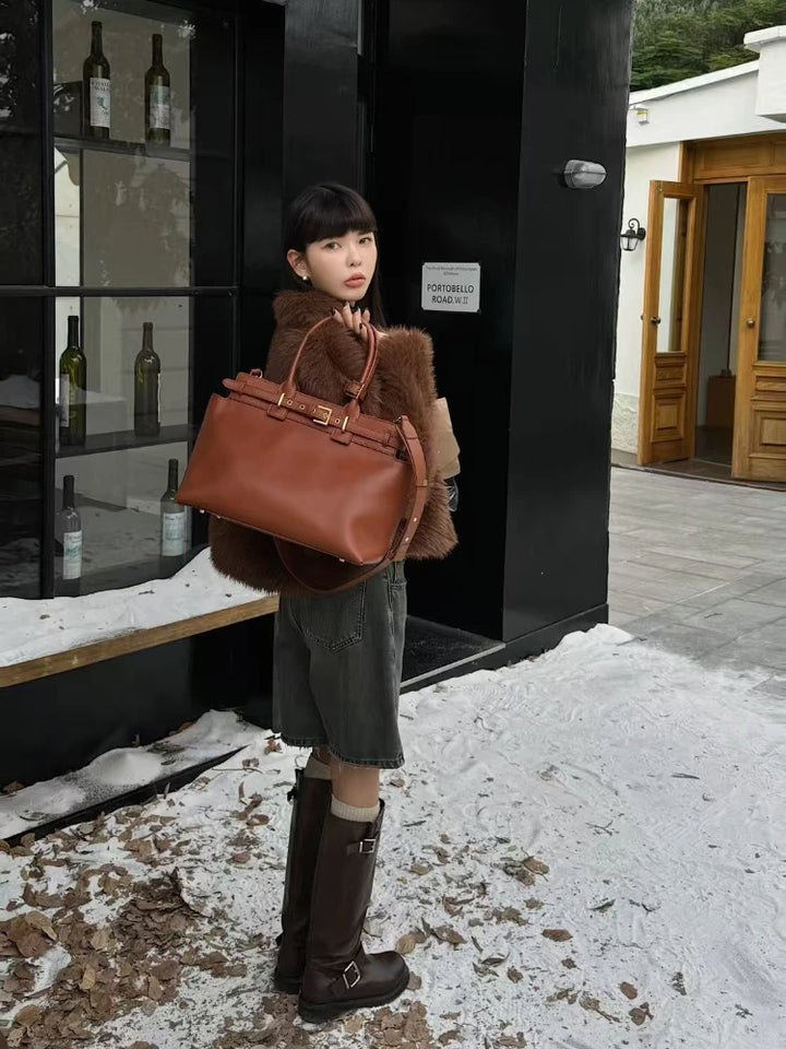 Winter Matte Coffee Camel Grey Large Tote Russian Style Real Suede Cow Leather Women Handbag Nubuck Commuter Office Shoulder Bag