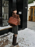Winter Matte Coffee Camel Grey Large Tote Russian Style Real Suede Cow Leather Women Handbag Nubuck Commuter Office Shoulder Bag