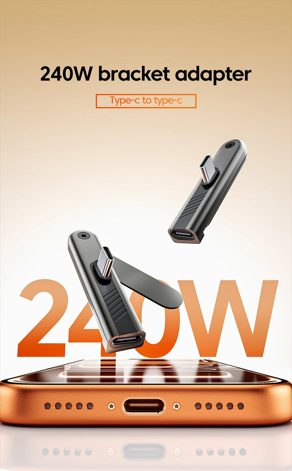 2 In 1 Foldable Phone Stand USB Type C To Type C Adapter 240W Fast Charging Data 90 Degree Connector USB C To C 360° Rotatable