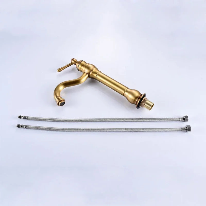 Antique Brass Basin Faucet Deck Mounted Single Handle Bathroom Accessories Crane Long Spout Lavatory Sink Hot Cold Mixer Tap