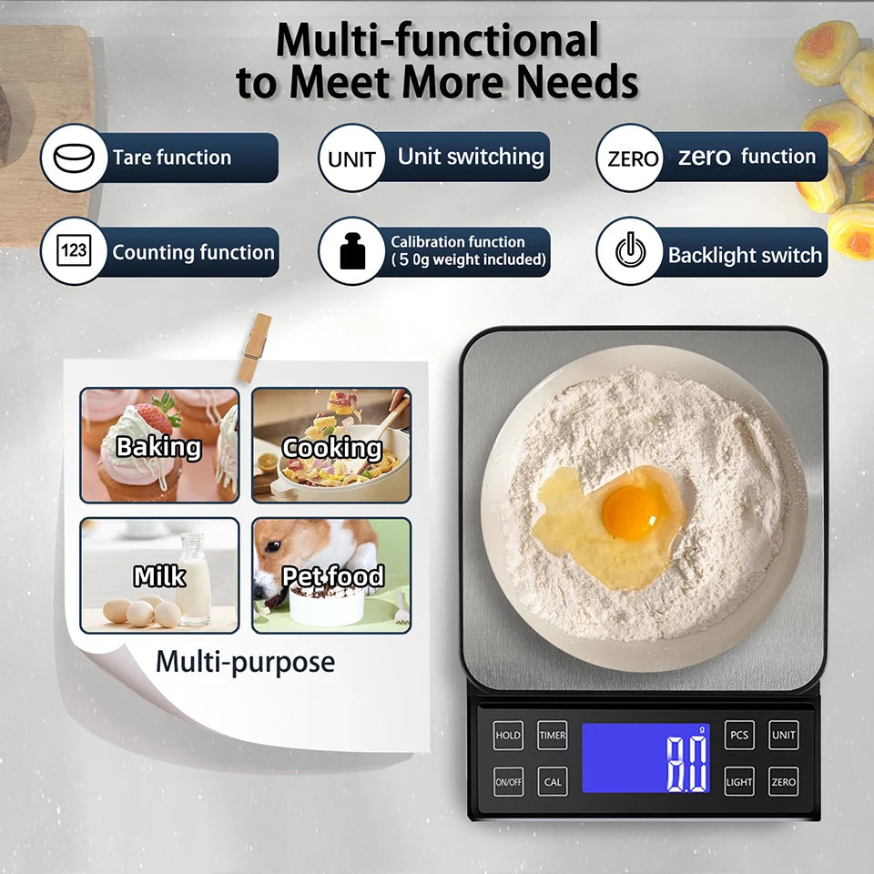 Digital Kitchen Scale 0.1g High Precision 3kg/5kg/10kg Home Waterproof Stainless Steel Electronic Balance Food Weighing Scale