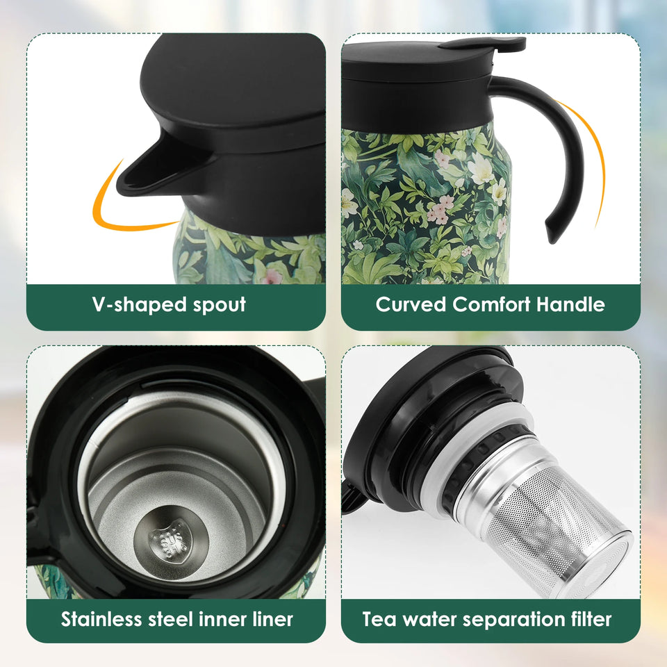 1000ml Vintage Floral Tea Thermos Stainless Steel Tea Kettle Drip-Proof Tea Pot With Tea Infuser Mini Thermo Coffee Pot