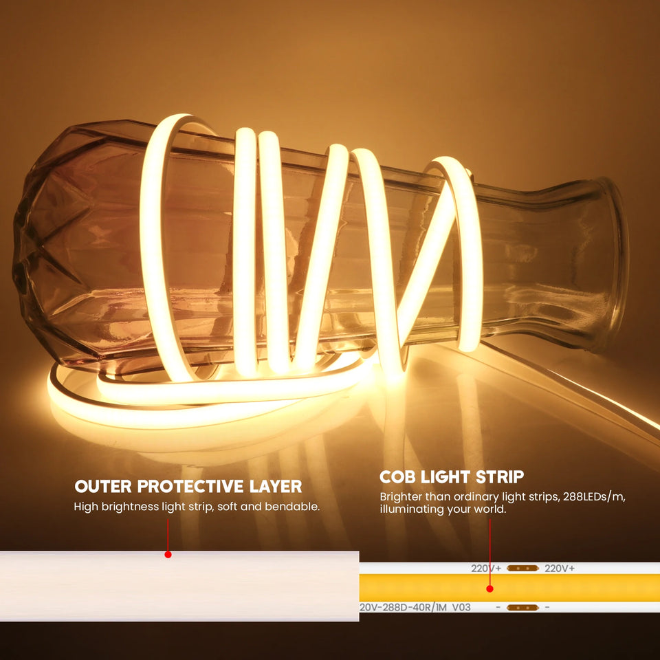 Dimmable COB LED Strip Light 220V Ra90 Waterproof 288LEDs/m Smart LED Neon Strips Flexible Ribbon Remote/Bluetooth/Wifi Control