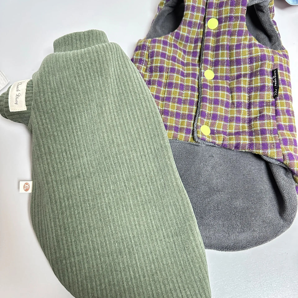 Winter Green Plaid Suit for Cats Thick Fleece Vest Warm Long Sleeves Undercoat for Hairless Cat Spring Sweatshirt for Sphynx