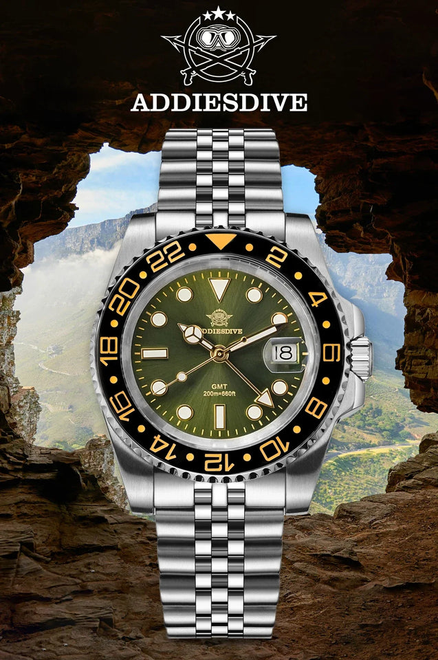 ADDIESDIVE Fashion GMT Watch for Men Super Luminous AD2050 Wristwatches Luxury Luminous 20Bar Diving Stainless Steel Man Watches
