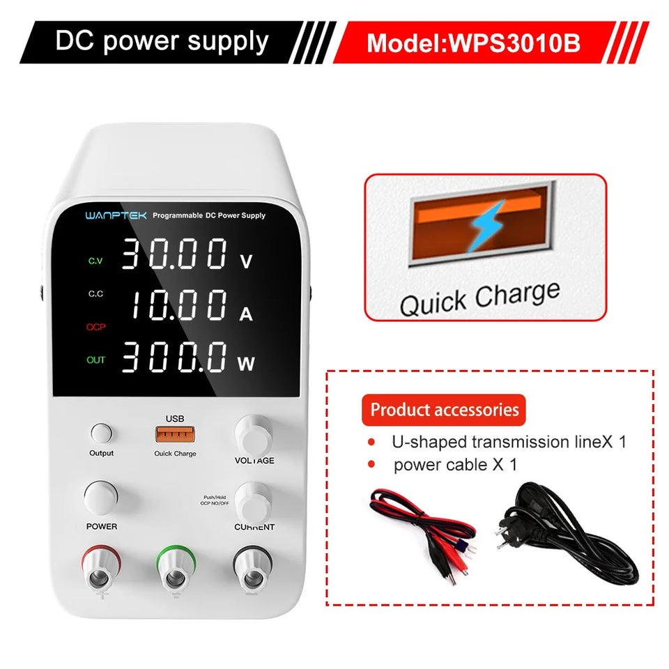 Wanptek Adjustable DC Power Supply 30V 60V 5A 10A Lab Bench Power Supply USB Interface Fast Charging Preset Voltage and Current