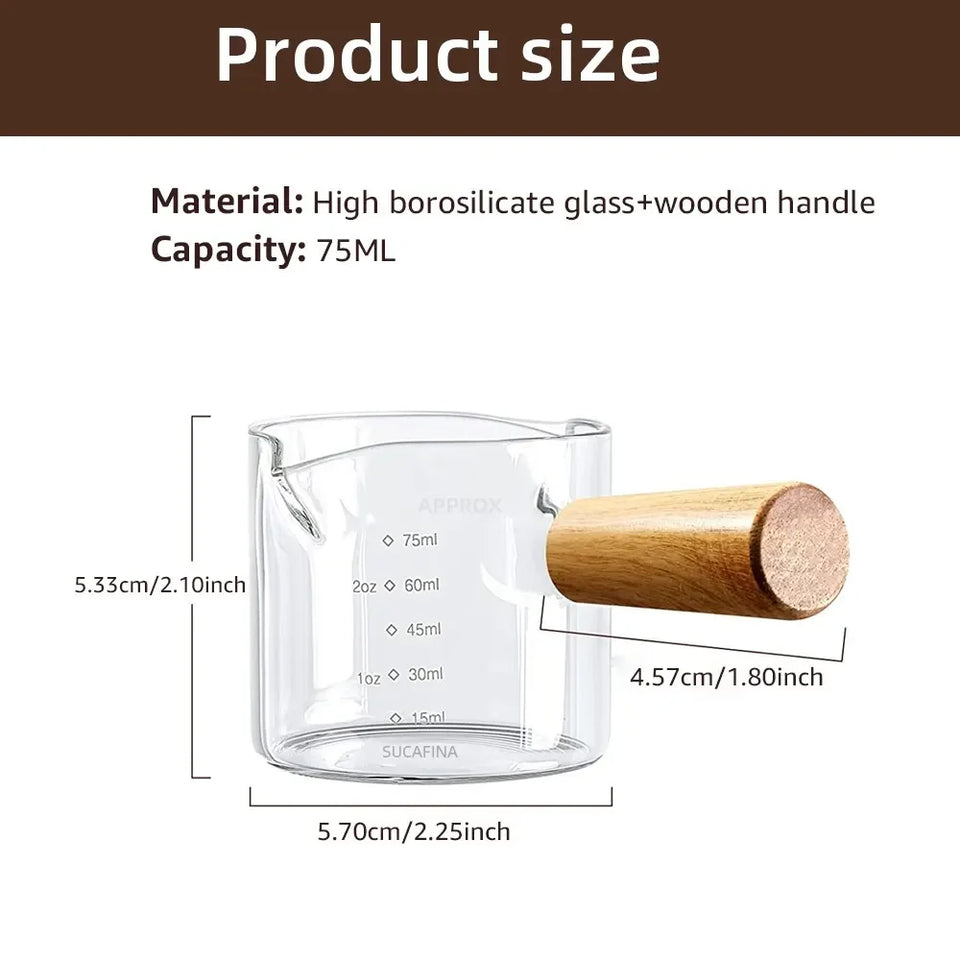 Glass Milk Cup Fine Espresso Small Glass Measuring Cup Double Spout Milk Jug Wooden Handle and Scale Coffee Latte Extraction Cup