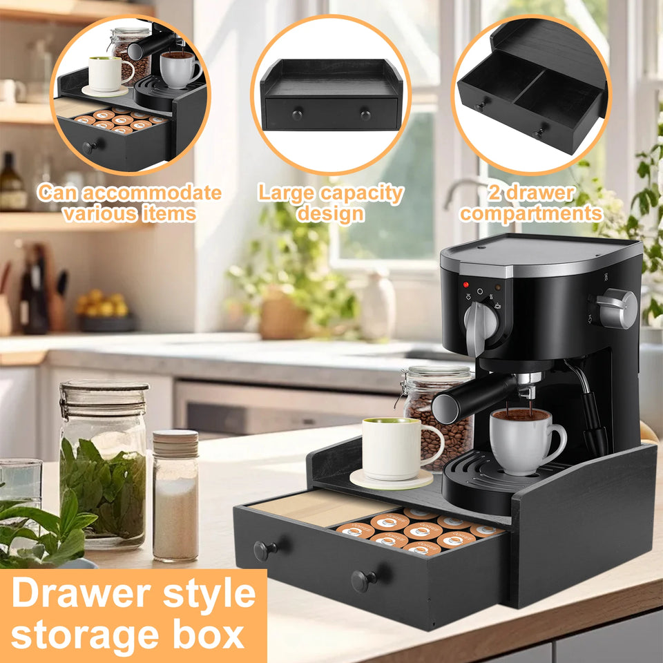 Capsule Coffee Display Rack Storage Coffee Bar Organizer with Drawer Wood Coffee Station Organizer Coffee Machine Base Drawer