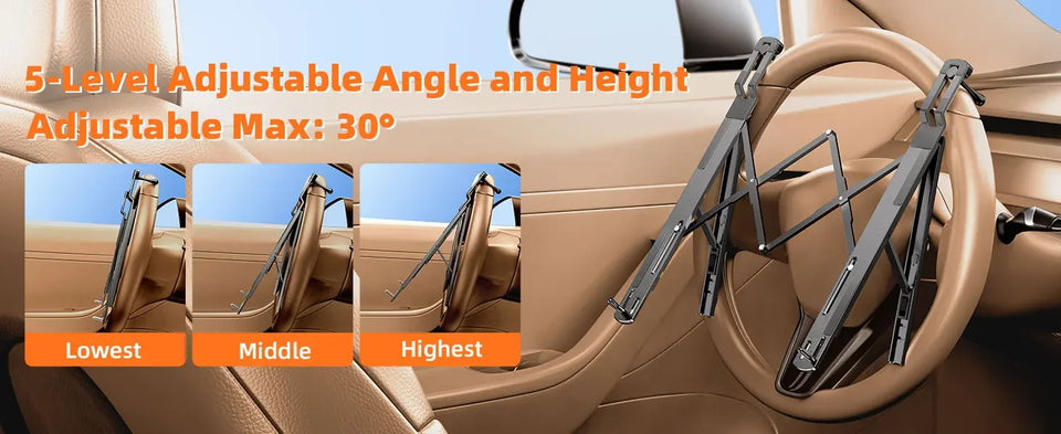 Hipacool Metal Car Steering Wheel Laptop Stand Portable 5-Levels Adjustable Laptop Tablet Holder Aluminum Alloy Car Accessories