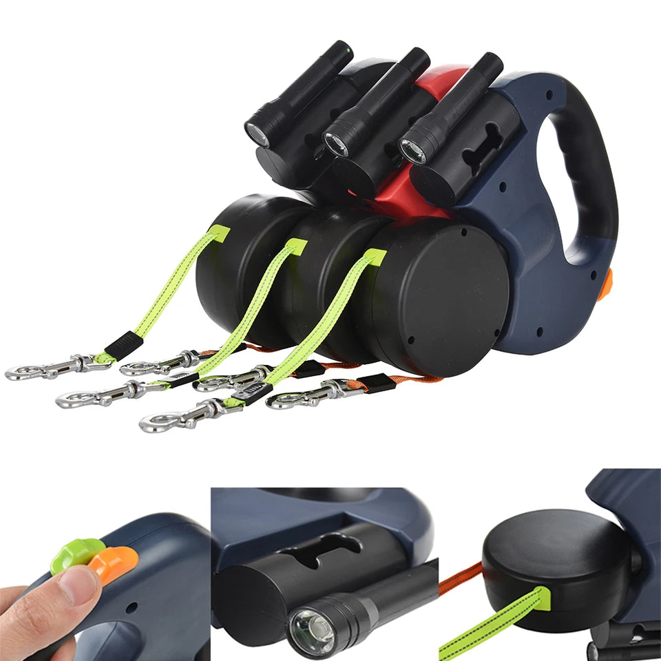 3M Dual Puppy Leash Automatic Small Dog Rope for 2 Dog Leash Multifunctional Strong Nylon Pet Rope with Night Light Bag Storage