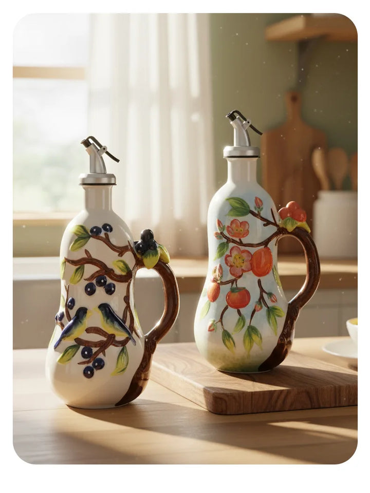 Hand-Painted Ceramic Seasoning Bottle Bird Flower Fruit Soy Sauce Vinegar Oil Bottle Coffee Table Wine Cabinet Decoration