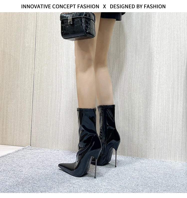 Knee-High Modern Boots Pointy Toe Women Shoes 13cm Ultra Thin Steel High Heels Metal Heel Calf Boots for Women Fun Shoes Size 46