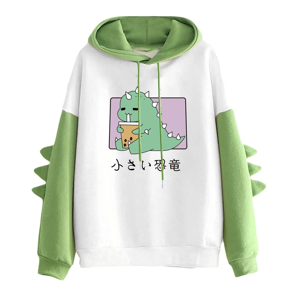 Winter Cute Dinosaur Cartoon Hoodie Women Fashion Sweatshirt Casual Print Long Sleeve Korean Style Splice Tops Kawaii Clothes