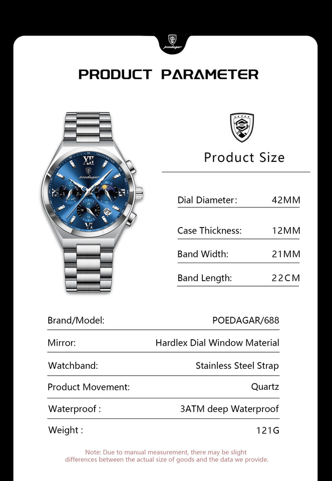 POEDAGAR Fashion Functional Man Wristwatch Luminous Week Date Business Watch For Men Stainless Steel Sports Men's Quartz Watches