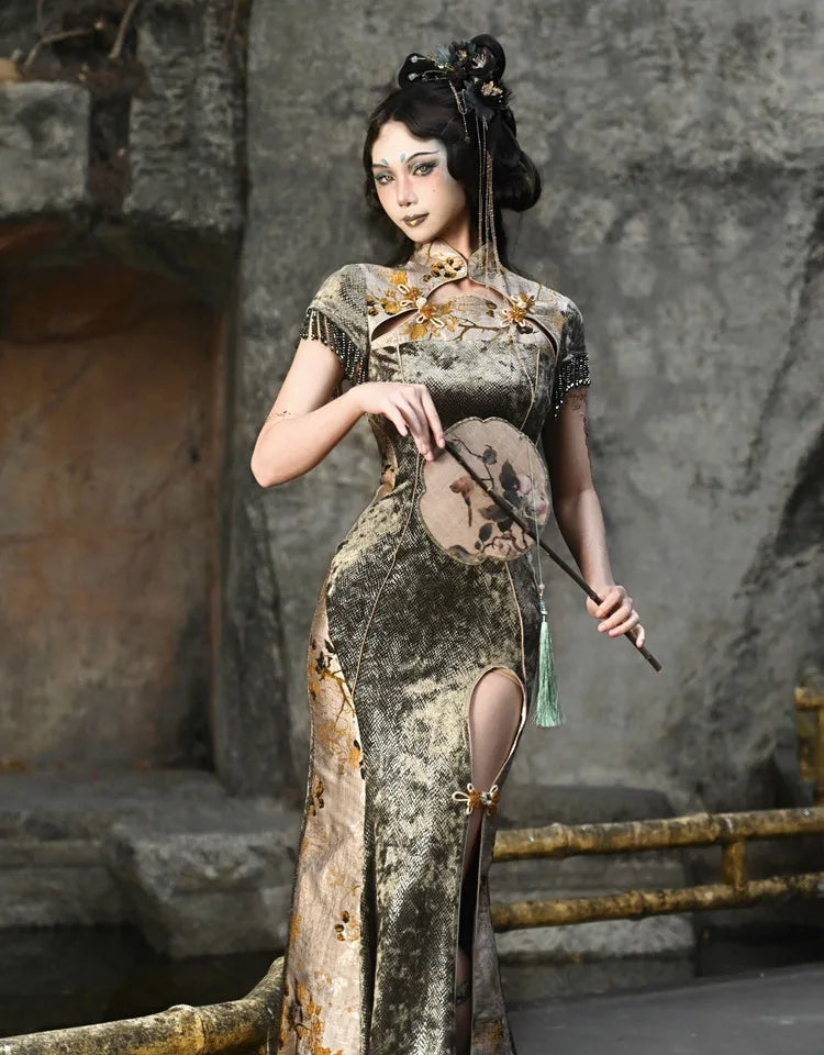 Blood Supply Original New Chinese Cheongsam Slim Dress Tie Tassel Jacquard Tunic Waist Sheath Long Trumpet Dresses Festival