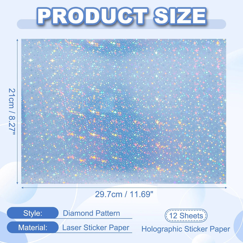 12Sheets Printable Holographic Sticker Paper Vinyl Sticker Paper A4 Waterproof Quickly Stickers for Laser Printer Inkjet Printer