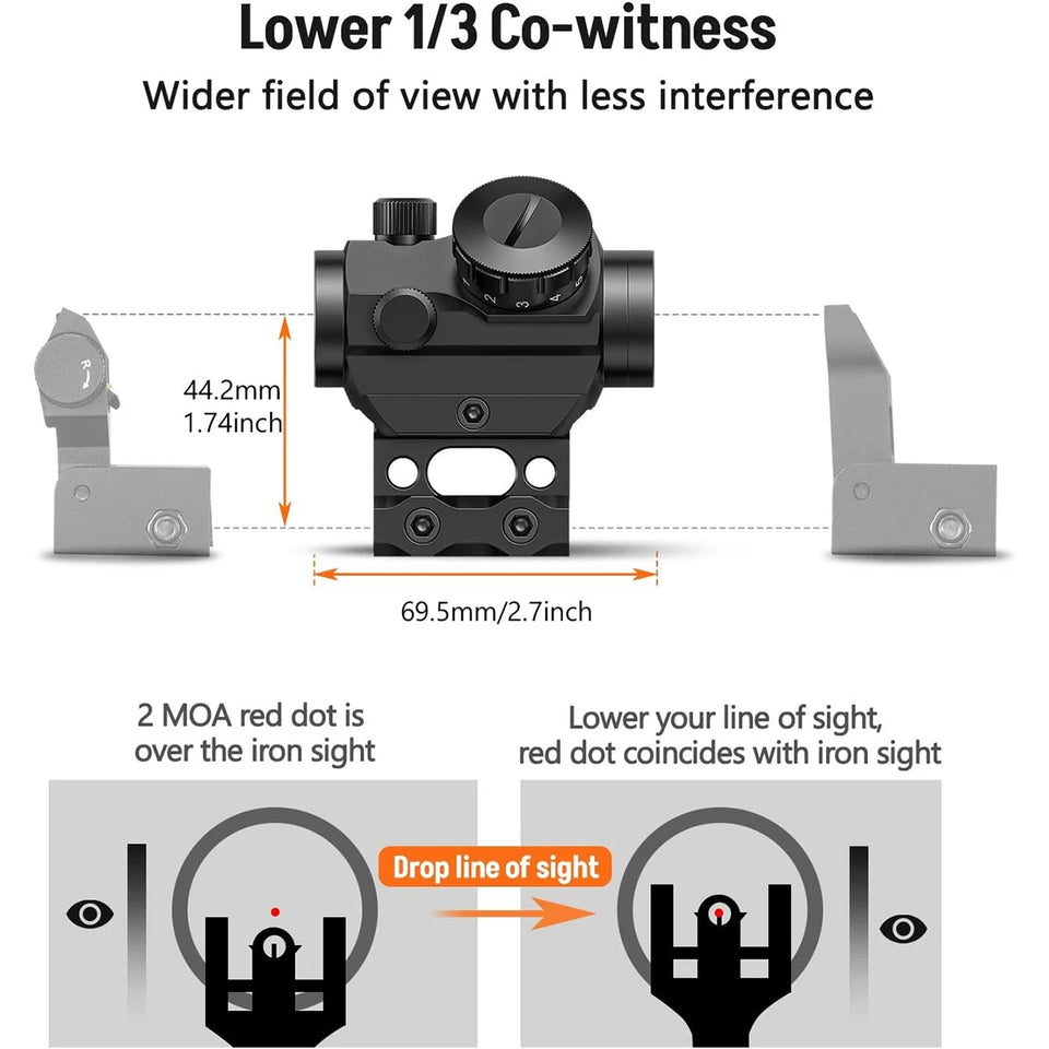2MOA Red Dot Sight 1x25mm Reflex Sight Waterproof & Shockproof & Fog-Proof Red Dot Scope with 1 inch Riser Mount