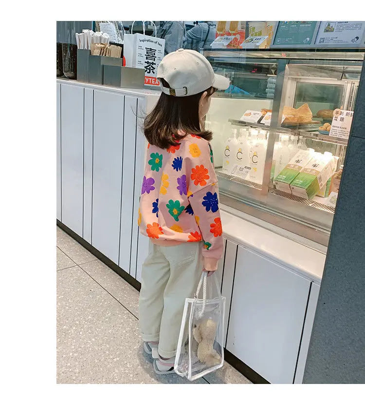 Spring Autumn Baby and Girls Sweet All-Over Flowers Sweatshirt School Kids Outfit Pullover Tops Child Workout Jumper 1-12 Years