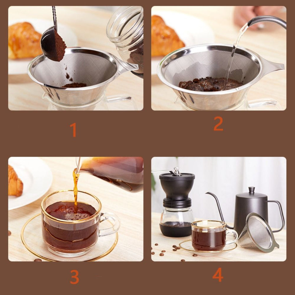 304 Stainless Steel Cafe Drip Coffee Machine Filter Fine Mesh Reusable Coffee Powder Basket with Foldable Handle Tea Strainer
