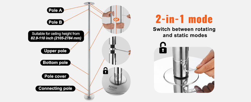 SucceBuy Professional Dancing Pole Spinning Static Dancing Pole Kit Portable Removable Pole 45mm Heavy-Duty Stainless Steel Pole