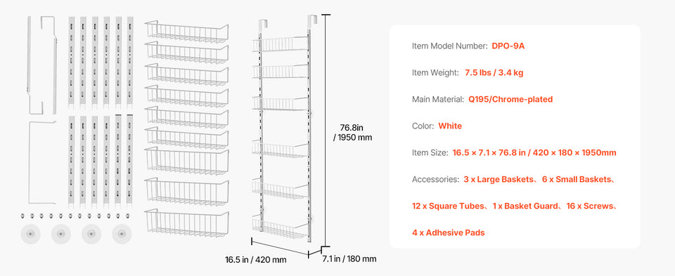 VEVOR 6/8/9/10 Tier Over the Door Pantry Organizer Heavy-Duty Steel Hanging Spice Rack, Adjustable Wall Seasoning Shelves