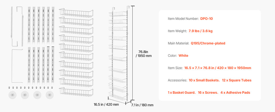 VEVOR 6/8/9/10 Tier Over the Door Pantry Organizer Heavy-Duty Steel Hanging Spice Rack, Adjustable Wall Seasoning Shelves
