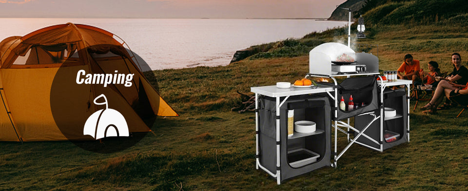 SucceBuy Camping Outdoor Kitchen Table Cabinet Foldable Folding Cooking Storage Rack X-Shaped Aluminum Alloy Bracket for BBQ